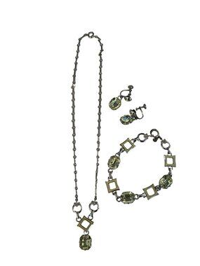 Vintage AMCO Sterling Silver Necklace Bracelet Earrings Set Green Glass Art Deco